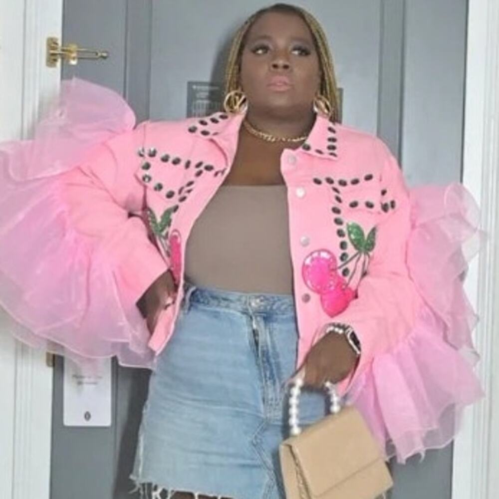 NWT Dressed In Lala Beulah Style Cherry Pink Denim Jacket Women OS (L-XL) $158
